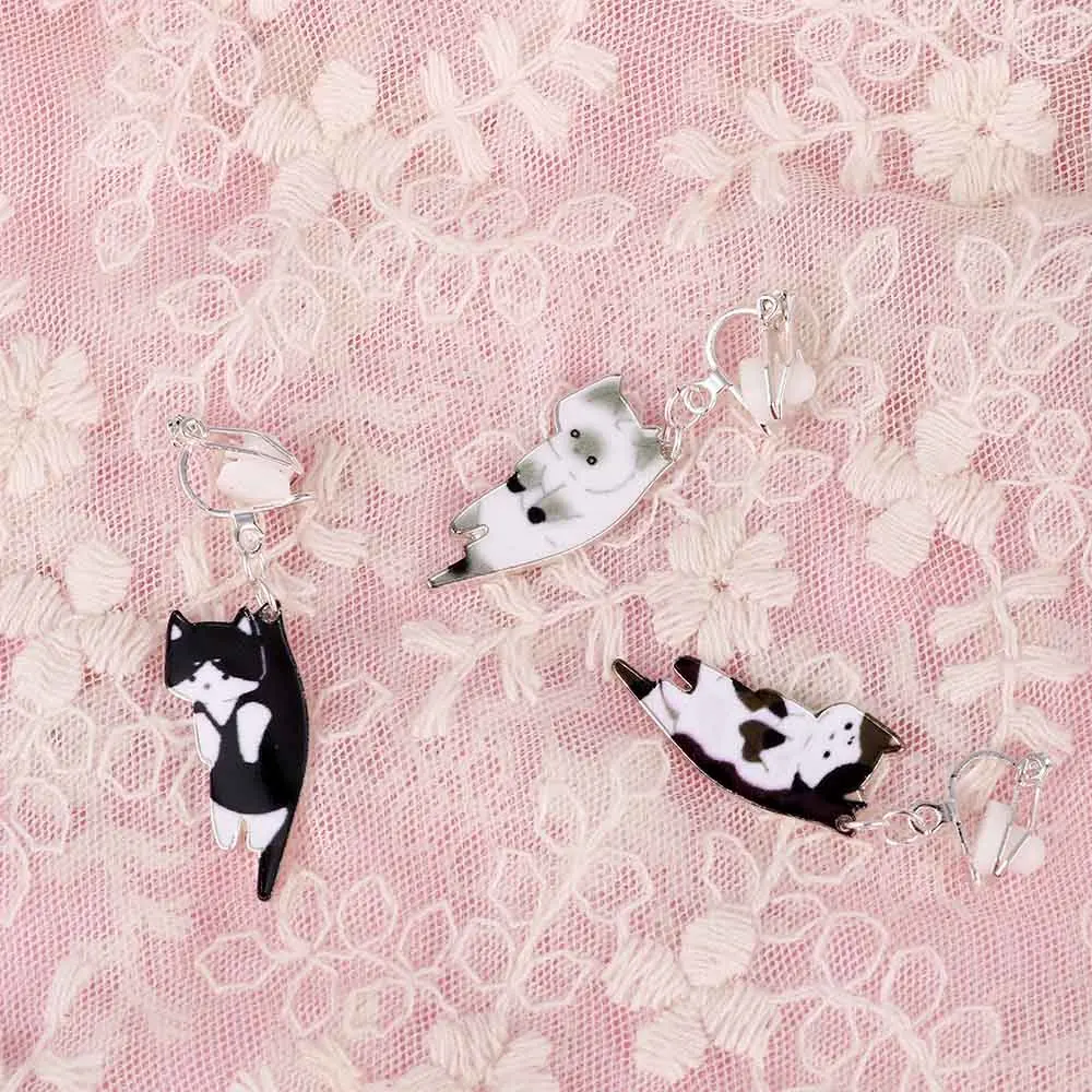 1 pair Japanese style Fashion Cute Cat Earrings White Black Hang Enamel Piercing Ear Clip women girls Stud | Украшения и