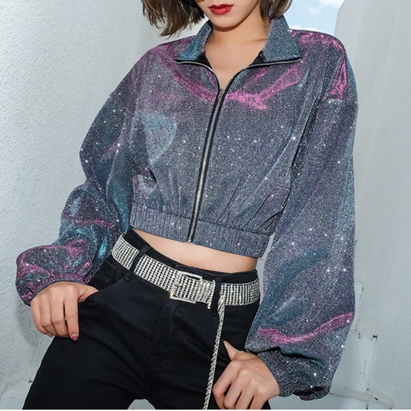 

XUXI Streetwear Women Summer Autumn 2019 Short Coat Mujer Clothes Slim Fit Bright Silk Shining Leisure Coats FZ507