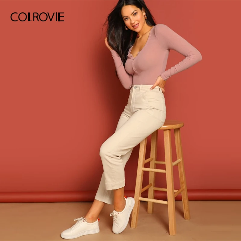 COLROVIE, розовая, с овальным вырезом, на кнопках, тонкая, вязанная, Элегантная футболка для женщин, весна, длинный рукав, рубашка, базовая, для офиса, женская футболка