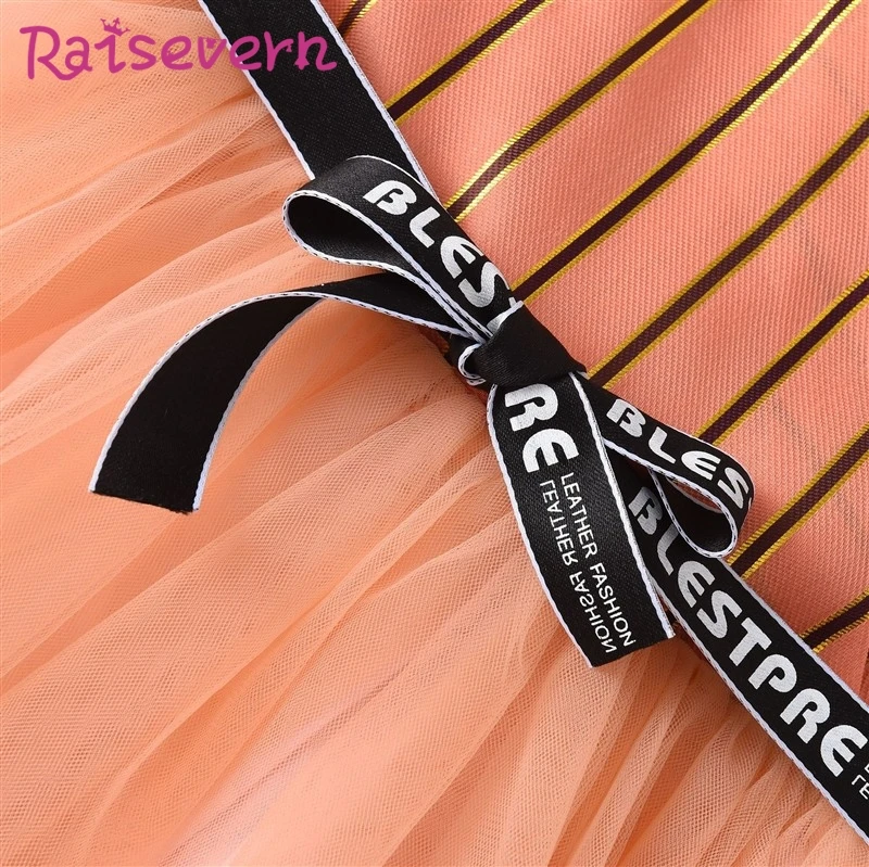 RAISEVERN Chocolate Color Gauze Girls Dress Princess V-Neck Ball Gown Sleeveless Stripe Top Bow for Party Birthday | Детская одежда и