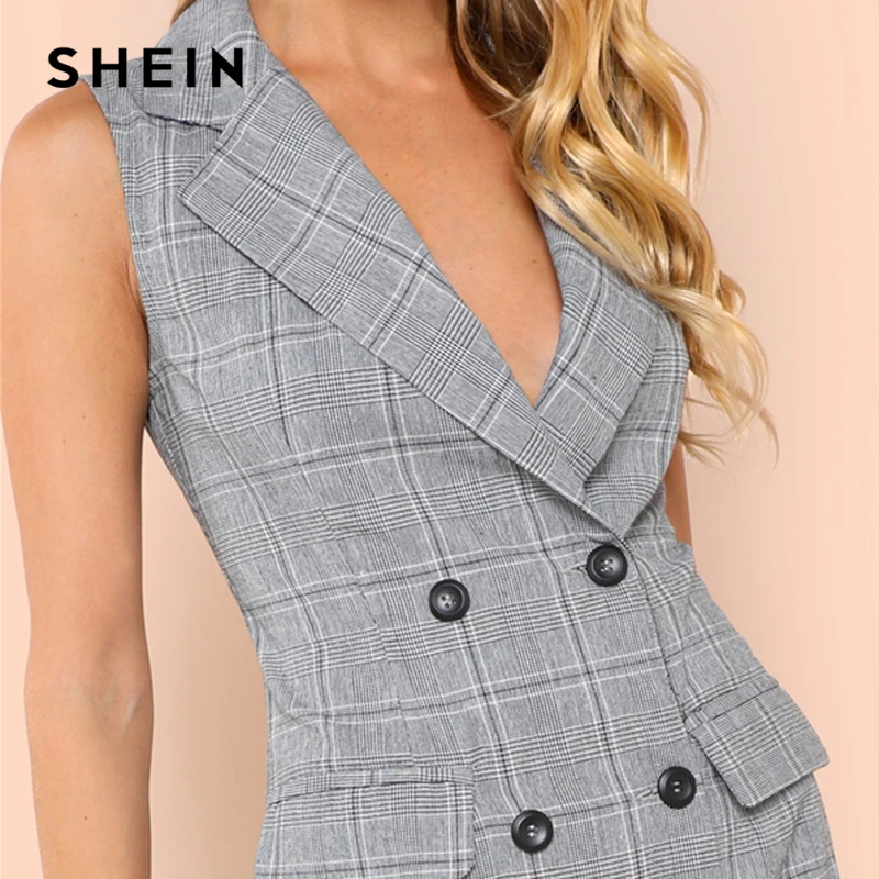 SHEIN Черное и белое элегантное двубортное платье с отложным воротником летнее тонкое Современное женское платье