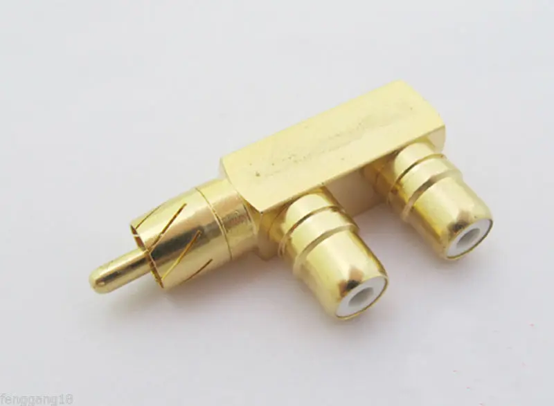 

1 шт. золотой 1 RCA штекер для двух 2 RCA Женский разъем под прямым углом F разъем адаптера