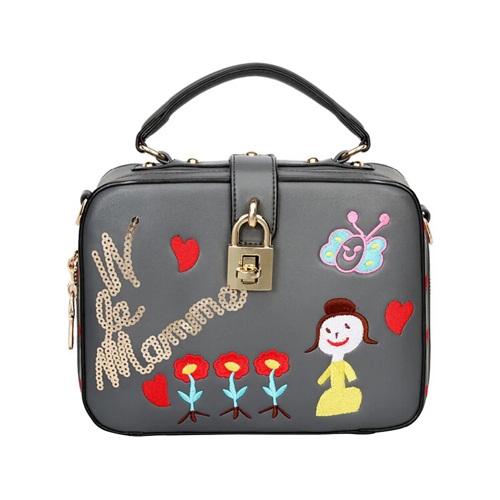 2016 новый ручная вышивка цветы женщин кожаные сумки милые мультфильм блесток