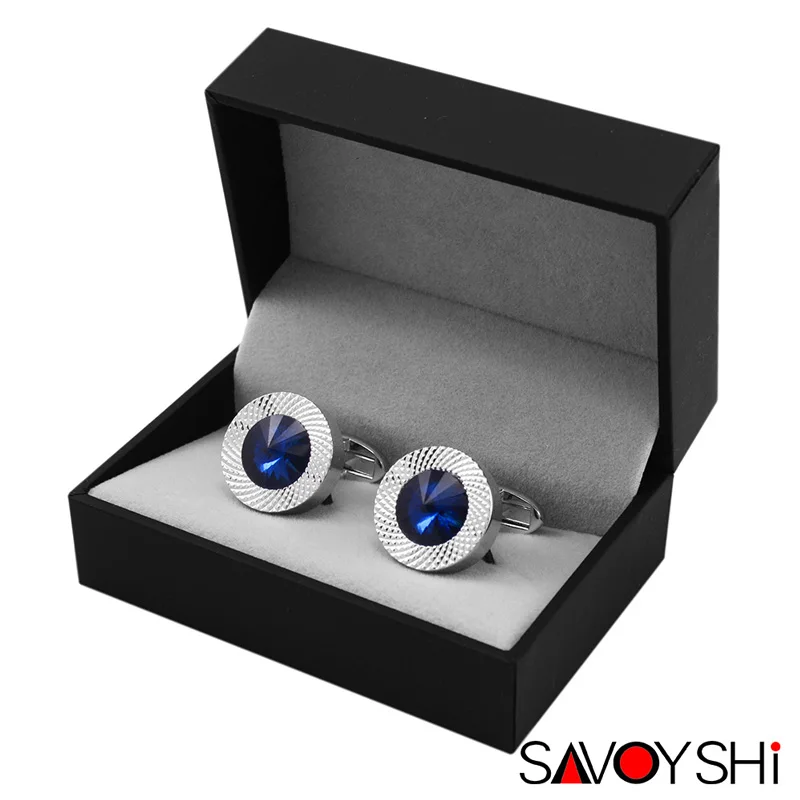 SAVOYSHI роскошные запонки для мужской рубашки высокого качества, свадебный подарок жениха, синяя Хрустальная запонка, брендовые дизайнерские украшения - Окраска металла: Send With Gift Box