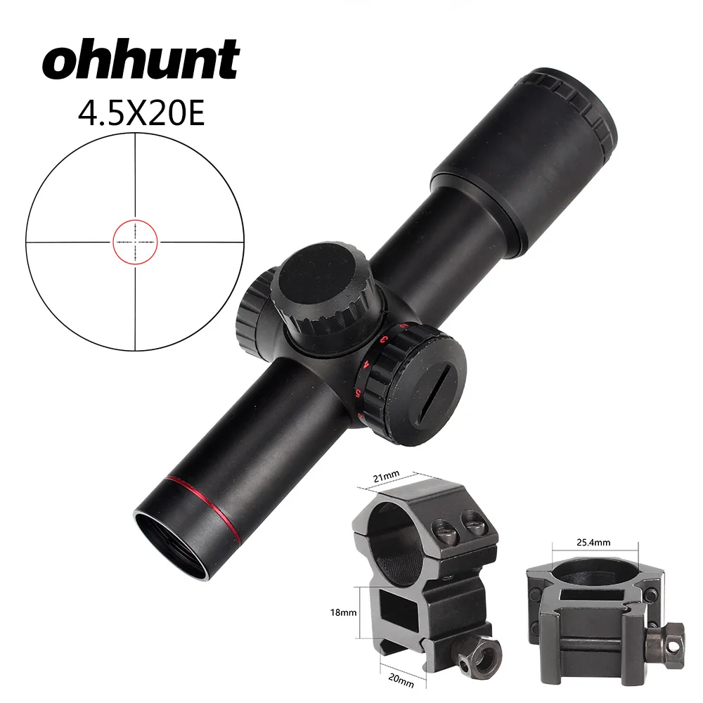 ohhunt 4.5x20E Компактный прицел для охоты Красный с подсветкой Стеклянная травленная сетка прицел С Флип открыть Крышки объектива а также Кольца - Цвет: High Picatinny Rings