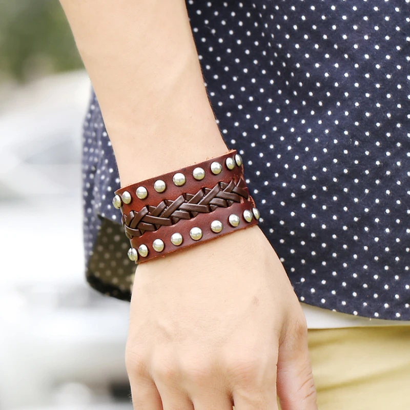 New Arrivals Retro Punk Rivet Real Genuine Leather Woven Black/Brown Adjustable Wristband Cuff Bracelets Bangles Unisex Jewelry | Украшения