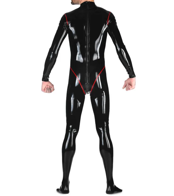 black with red Новое поступление, латексный комбинезон с красной линией, латексный резиновый комбинезон, сексуальное боди, прикрепленные латексные носки для ног - Цвет: black with red
