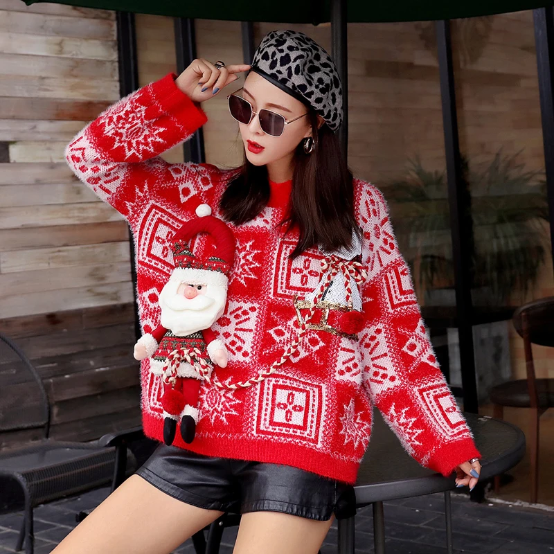 2018 autumn and winter new loose thick ladies sweater geometric pattern Christmas women's knitted jacket coat tide | Женская одежда