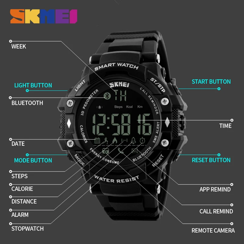 Спорт на открытом воздухе Smart Watch Мужчины Часы Шагомер Калорий Bluetooth Фитнес Трекер