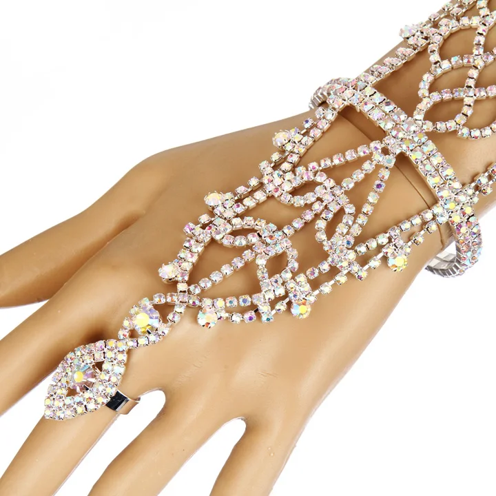 Женский браслет со стразами с кольцом цепочкой на запястье для свадебных