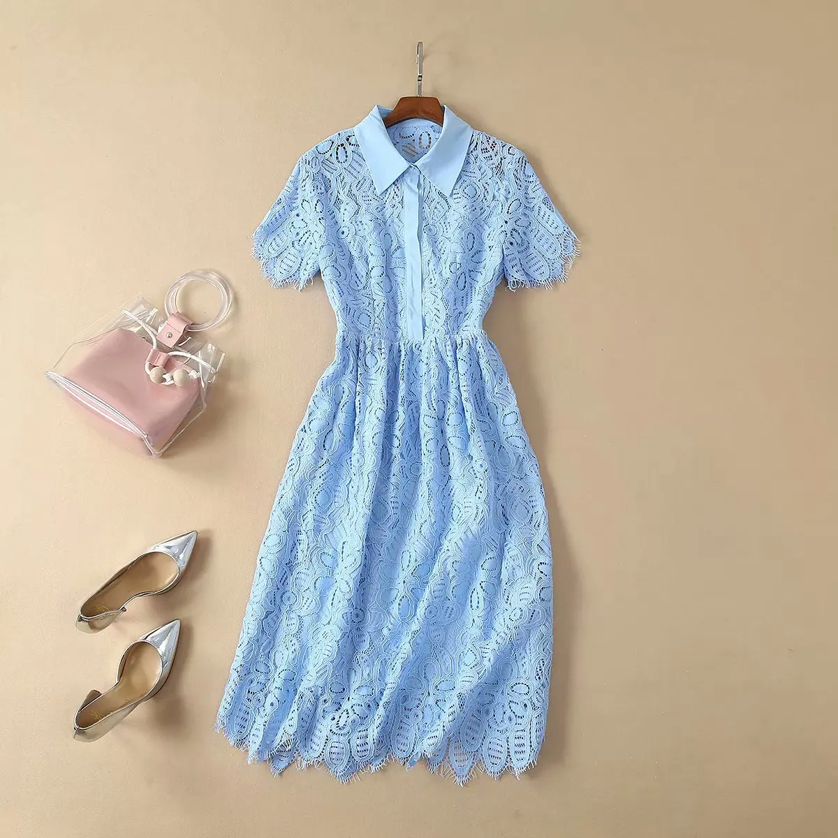 Women girls elegant blue glitter lace dress midi floral hollow out short sleeve summer shirt dresses