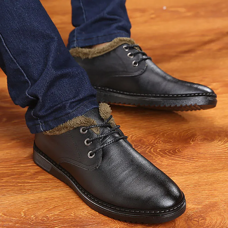 Мужские кожаные туфли на меху черные модельные плоской подошве шнуровке зимние