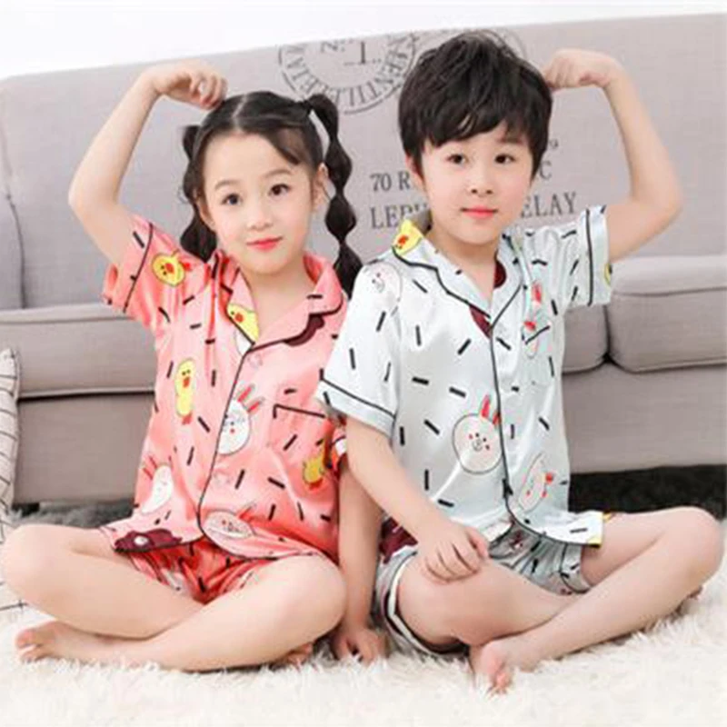 

Short Sleeve Silk Pajamas for Girls Boys pjs Summer Pajama Set Silk Satin Pijama mujeer Pyjamas Sleepwear suit 10 years old