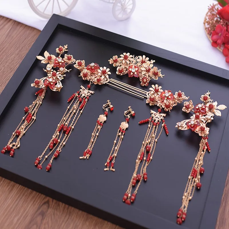 Новый китайский красный бисер Феникс палка для волос корона костюм красные