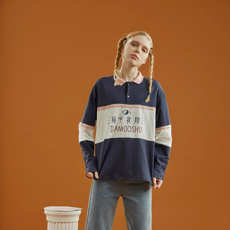 Осень Для женщин пуловер sweatshits отложным воротником Пух с длинным рукавом Вышивка