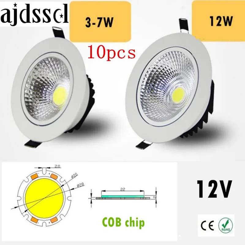 10PCS Super Bright Recessed LED Dimmable Downlight COB 3W 5W 7W 12W LED Spot light LED decoration Ceiling Lamp AC/DC 12V