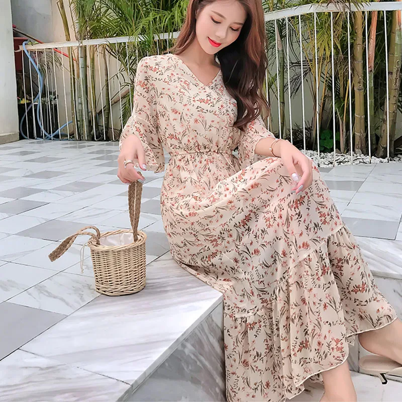 2019 New Vintage Sweet Loose Casual Medium-length Dress Summer Apricot Short Sleeve Print Bohemian Chiffon Women 4924 50 | Женская