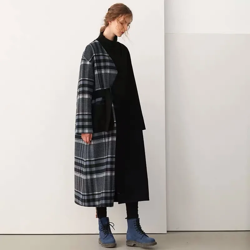 IRINAW150 2018 AW Collection v neck bleted oversized long plaid patchwork black handmade double faced 100% wool coat women | Женская