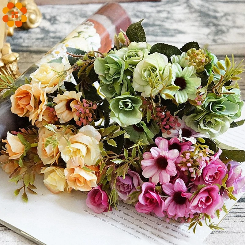1Bouquet Colorful Artificial European Silk Flowers Daisy&ampRose Flower Bouquet For DIY Wedding Party Decor Home Vases Decorations | Дом и сад