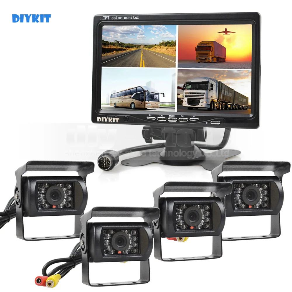 

DIYKIT 800 x 480 7inch 4 Split QUAD Rear View Monitor Car Monitor + 4 x CCD IR Night Vision Rear View Camera For Truck Bus