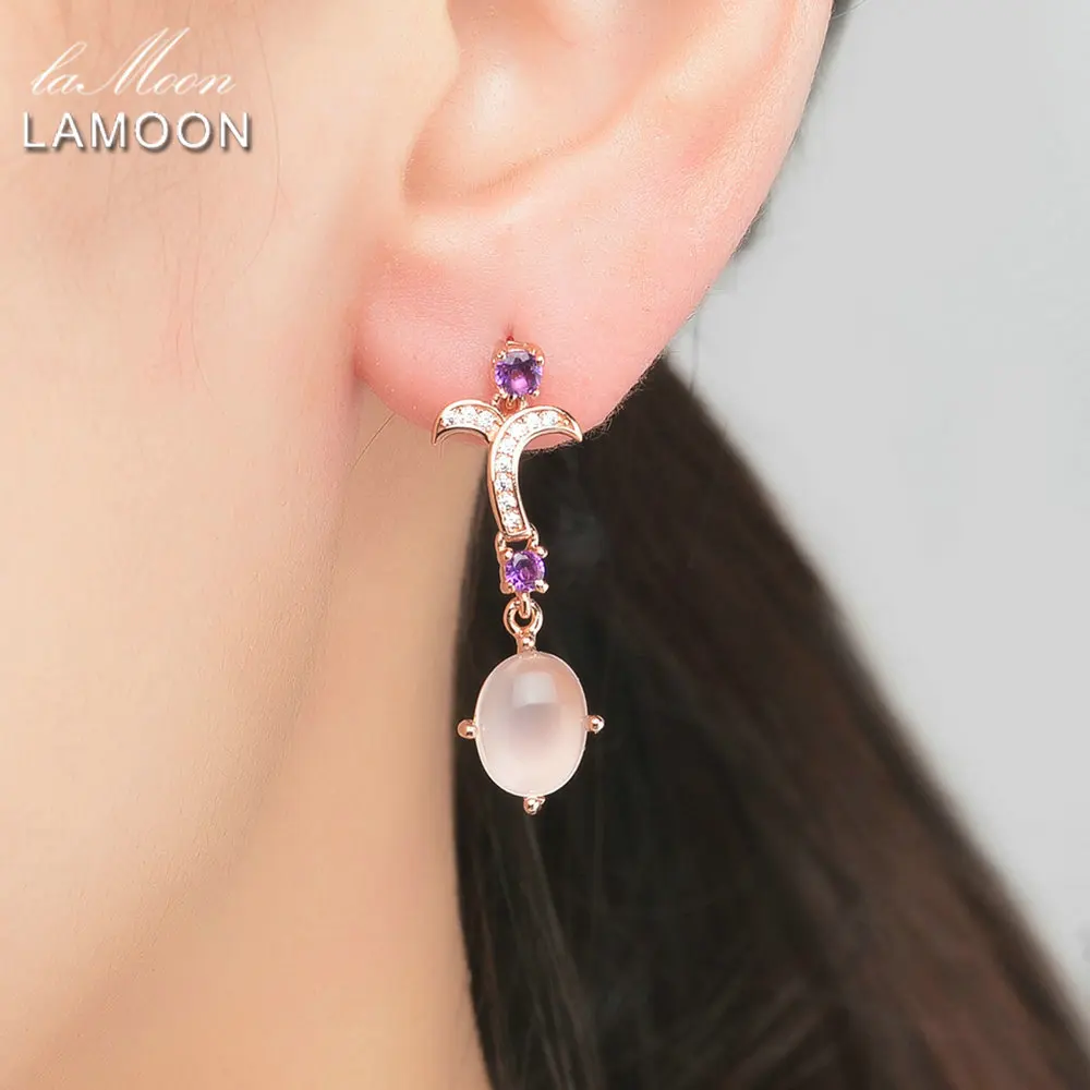 LAMOON- 7X9mm 100% Natural Oval Pink Rose Quartz 925 Sterling Silver Jewelry Drop Earrings S925 LMEI010 | Украшения и аксессуары