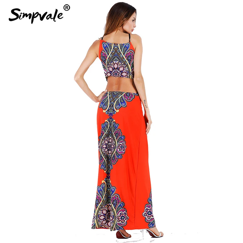 SIMPVALE Boho Стиль принт пупка платье Женский вырезать рукавов ремни Макси платья