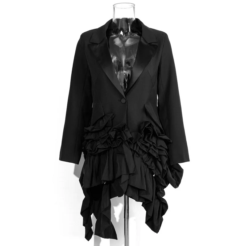 black TWOTWINSTYLE, летний однотонный блейзер для женщин, воротник с лацканами, длинный рукав, туника, нестандартный пиджак с оборками, Женская мода, новинка - Цвет: black