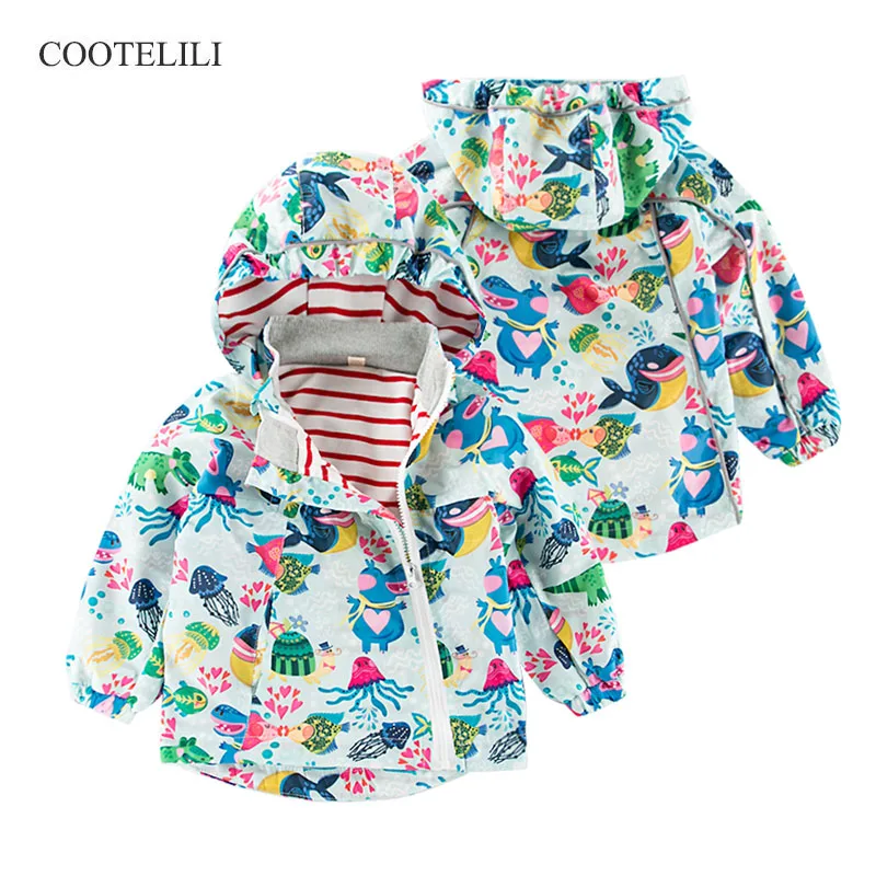 

COOTELILI 80-130cm Floral Fish Printing Kids Girls Jacket 2019 Autumn Hooded Striped Kids Clothes Active Girls Windbreakers