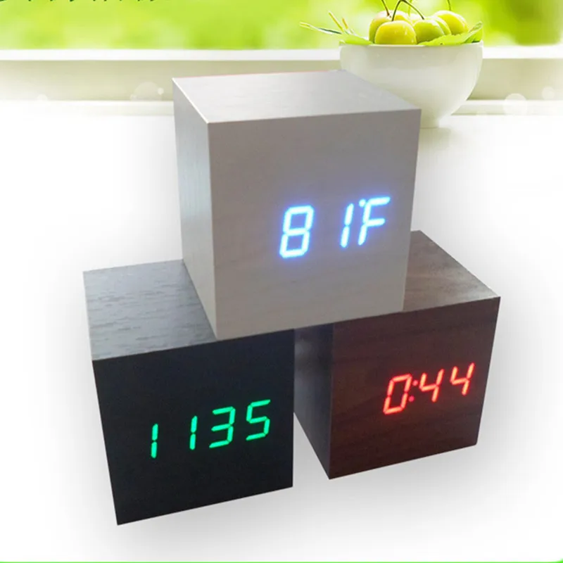 Кубический деревянный светодиодный Будильник управление звуками температуры
