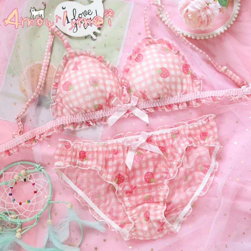 Японский Kawaii Лолита клубника печати бюстгальтер и трусики Комплект без стального кольца мягкое нижнее белье комплект
