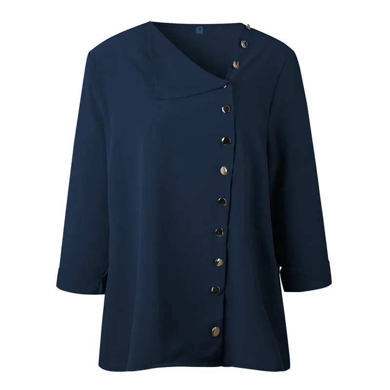 Dark blue Женская блуза на пуговицах с длинным рукавом, Офисная Женская белая рубашка с косой воротником, летняя свободная Однотонная рубашка, топы, женская одежда - Цвет: Dark blue