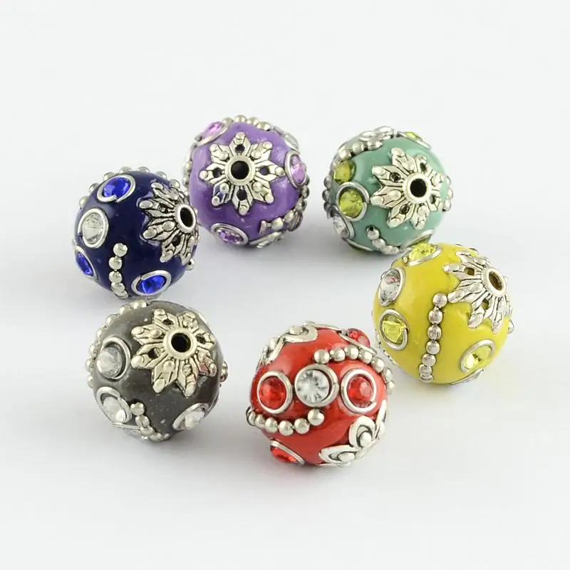 

100pcs RoundAntique Silver Handmade Indonesia Beads for jewelry making with Alloy Cores, Mixed Color, 15x14x14mm, Hole: 2mm
