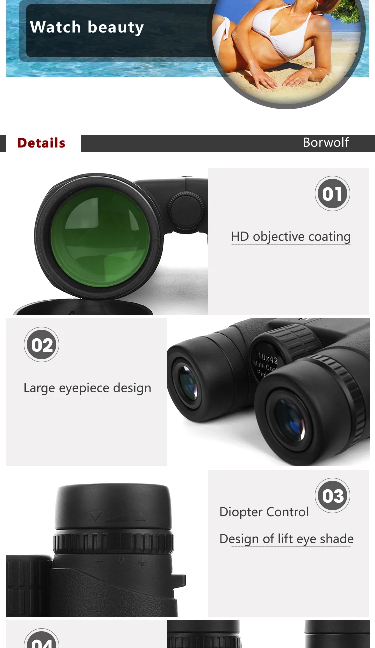 Borwolf 10X42 высокое увеличение HD с большим радиусом увеличивающий охотничий телескоп ночного видения широкоугольный бинокль