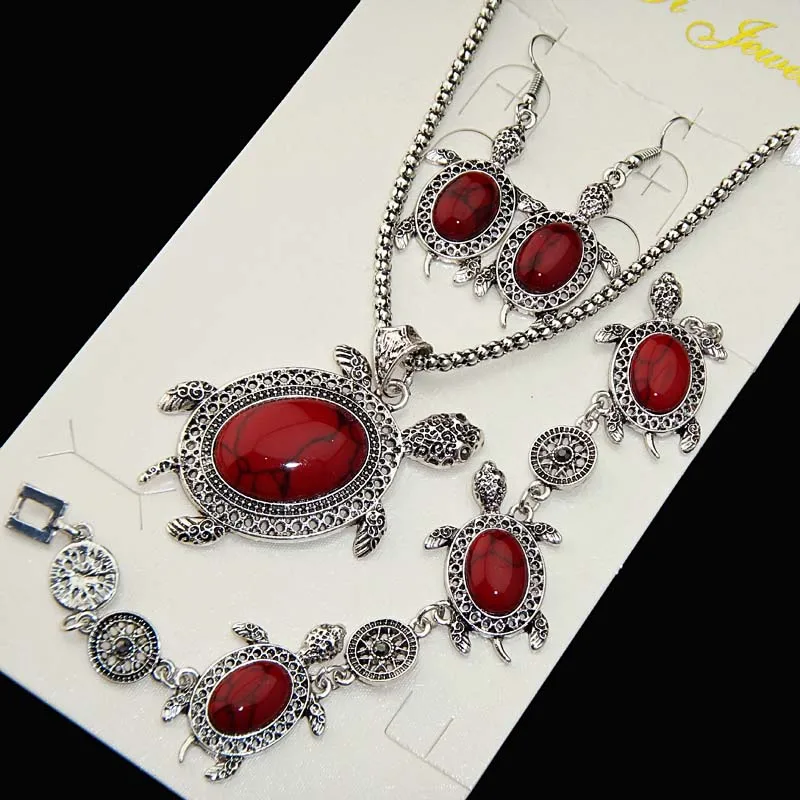 Античное серебро 3 шт. черепаха красная бирюза натуральное ожерелье серьги