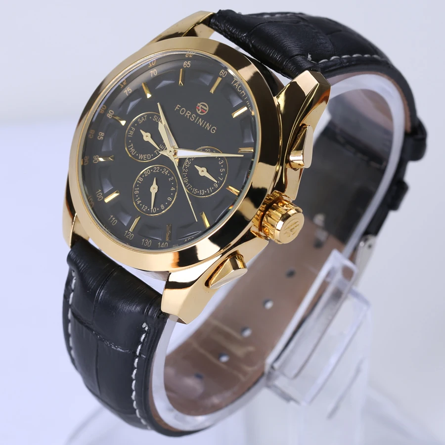 Forsining роскошные часы Для мужчин кожа Винтаж классический ретро черный золото