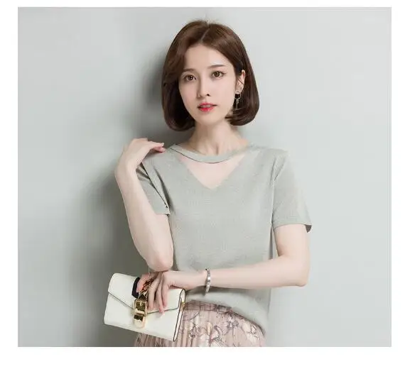 Повседневное модная однотонная Футболка regular Короткие рукава трикотажные женщин