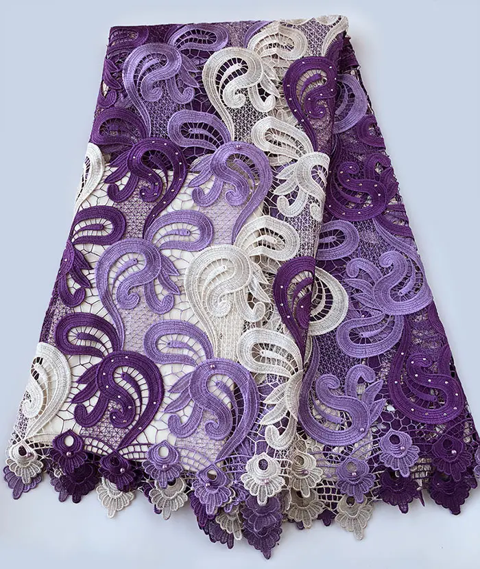 Purple Lilac Beige 3 Мелодии очень мягкий Гипюр кружево аккуратные вышивка Африканский шнур Ткань 5 ярдов в штуке - Цвет: Purple Lilac Beige