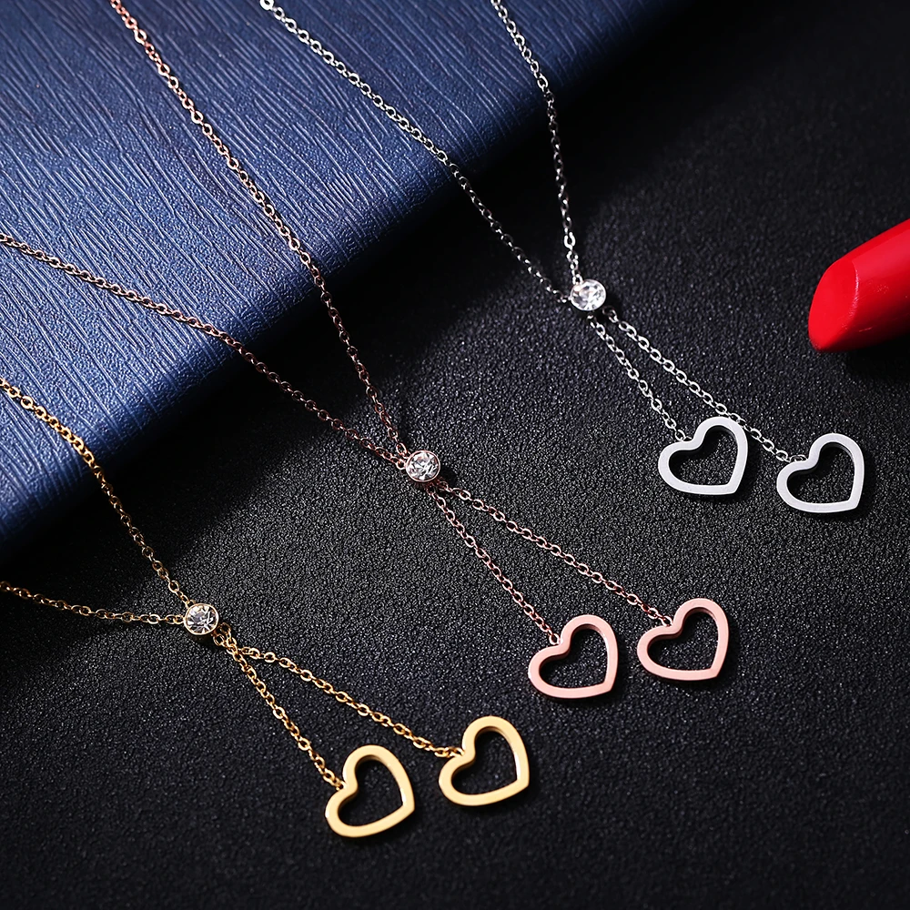 

2017 Fashion Jewelry Zircon Double Heart Necklaces Bijoux 316L Stainless Steel Rose Gold Chain For Women Birthday Gift
