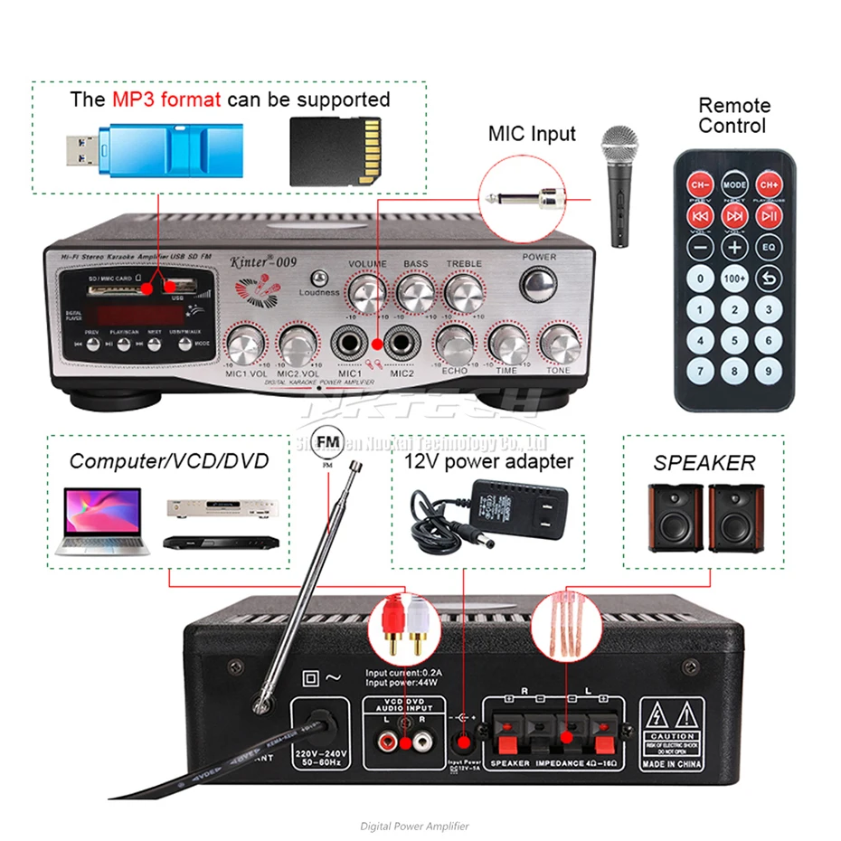 Автомобильный усилитель мощности цифровой аудиоплеер 2x30 Вт RMS HiFi USB SD MP3 FM MIC1 MIC2 VOL