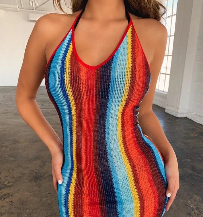 Summer Dress Women Halter Bodycon Sriped Sleeveless Party Female Cocktail Club Short Mini Dresses Vestidos Robe Femme | Женская одежда