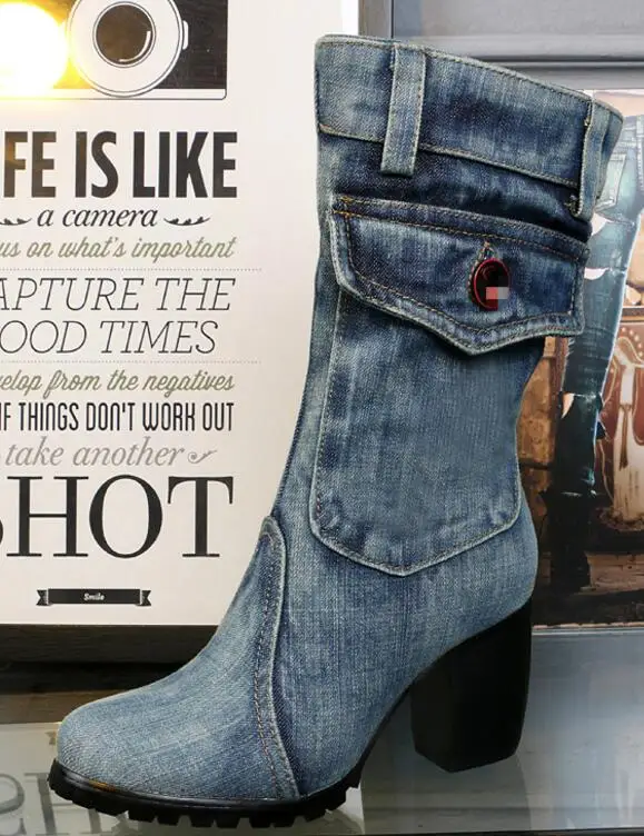 

Kaeve women winter boots new female blue canvas Chunky Boots round toe Botas Femininas cowboy chunky heel women's denim Martin