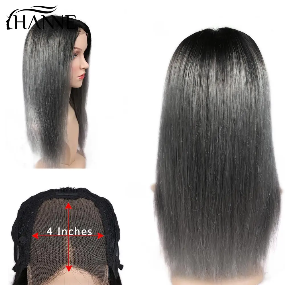 HANNE 4*4 парики из натуральных волос с темными корнями# 1B/серый для женщин, парики для косплея без клея, серый Омбре 150% Remy