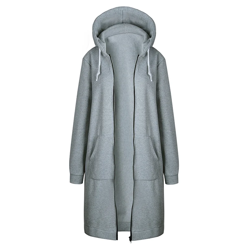 Light Gray Женское длинное пальто на молнии, куртка с капюшоном, Осень-зима, повседневное свободное Женское пальто, толстовка с капюшоном, куртки, плюс размер 5XL - Цвет: Light Gray