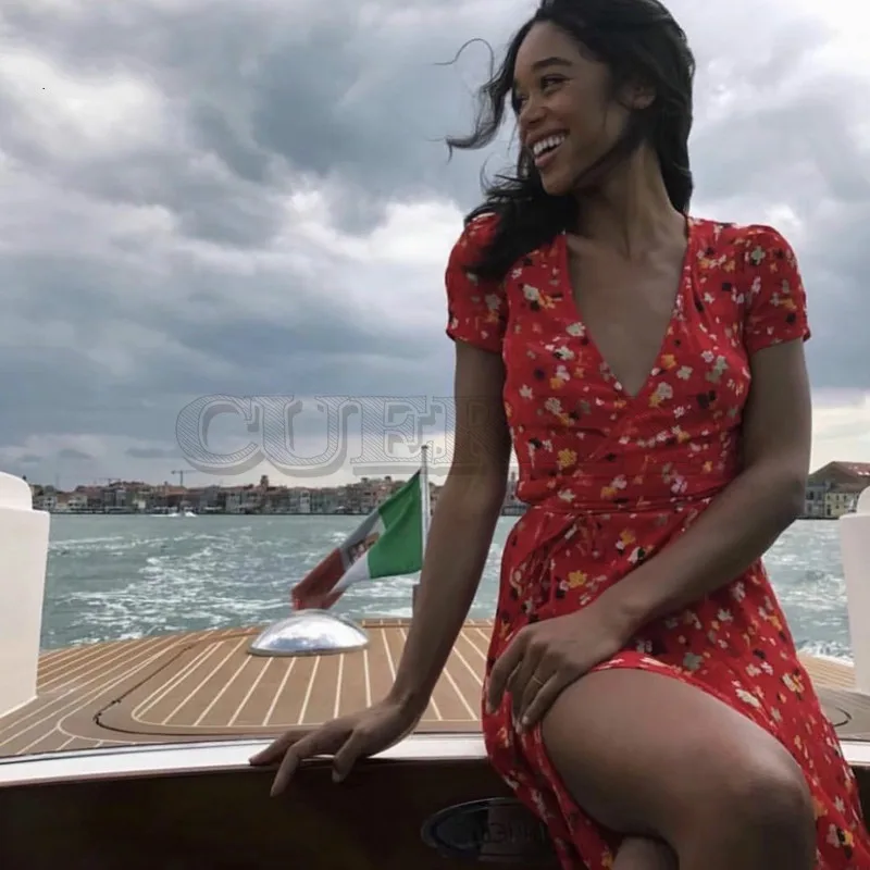 Милое летнее платье 2019 миди с запахом бохо винтажное Вишневое цветочное красное