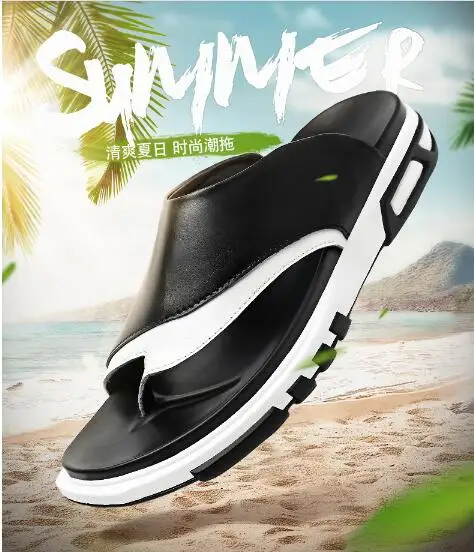 

Hot Cheap White Black Flip flops for men Flat heel Leather Beach Sandals Male