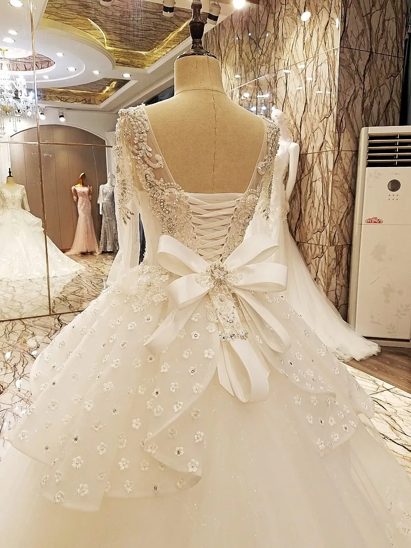 LS70057 свадебное платье с рукавами2018 mangas completas arco espalda con cordones espalda piso longitud vestido de bola de encaje vestidos de novia organza fotos reales