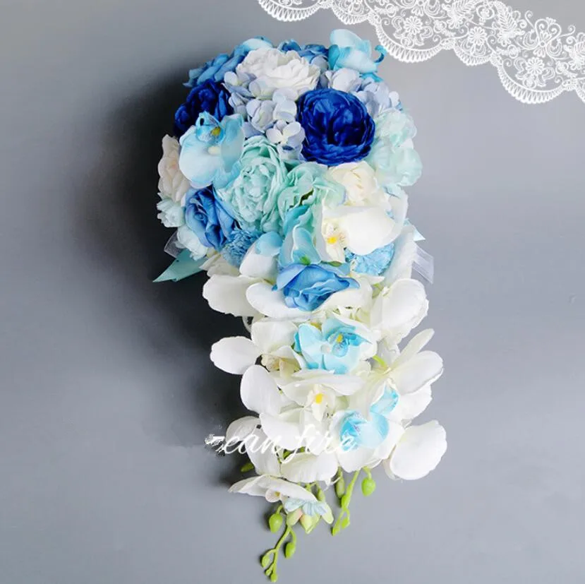 Blue AYiCuthia Водопад Розовый Белый Свадебные цветы Свадебные букеты Искусственные Свадебные букеты розы S11 - Цвет: Blue
