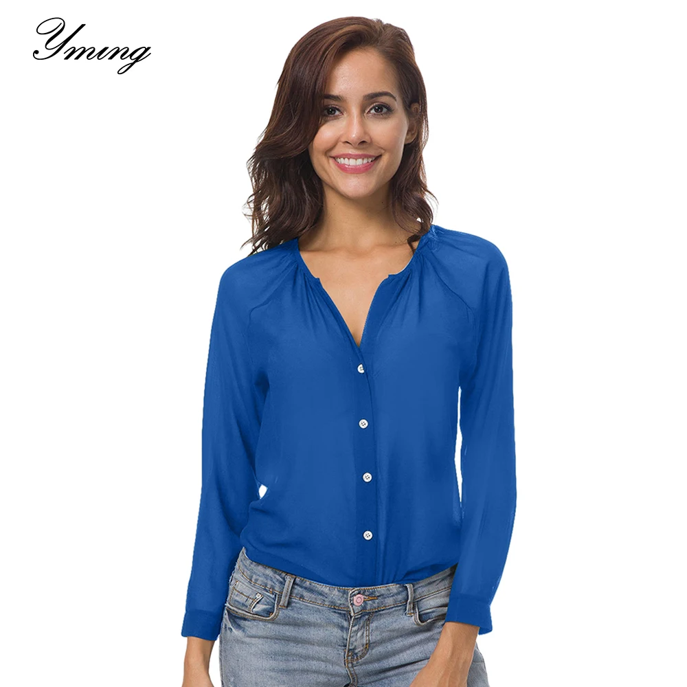 

YMING Women Chiffon Button Blouse Long Sleeve Casual Blusas Ladies Tops V Neck Ruched Shirt Vintage Plus Size Office Blouses