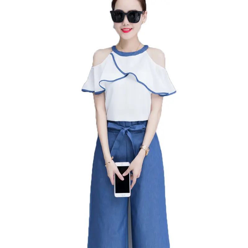 

Ladies' fashion wide-legged pants suit new summer wear dew shoulder chiffon blouse top tall waist trousers 2 pcs clothing set