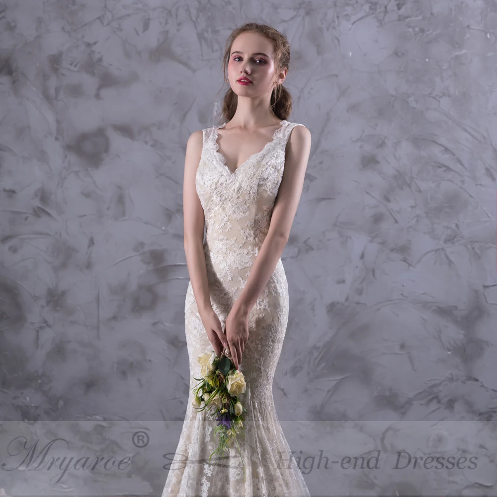 Mryarce vestido de novia Замочная скважина сзади Кружева Русалка Свадебные платья Свадебное платье с v-образным вырезом Свадебные платья «Принцесса»